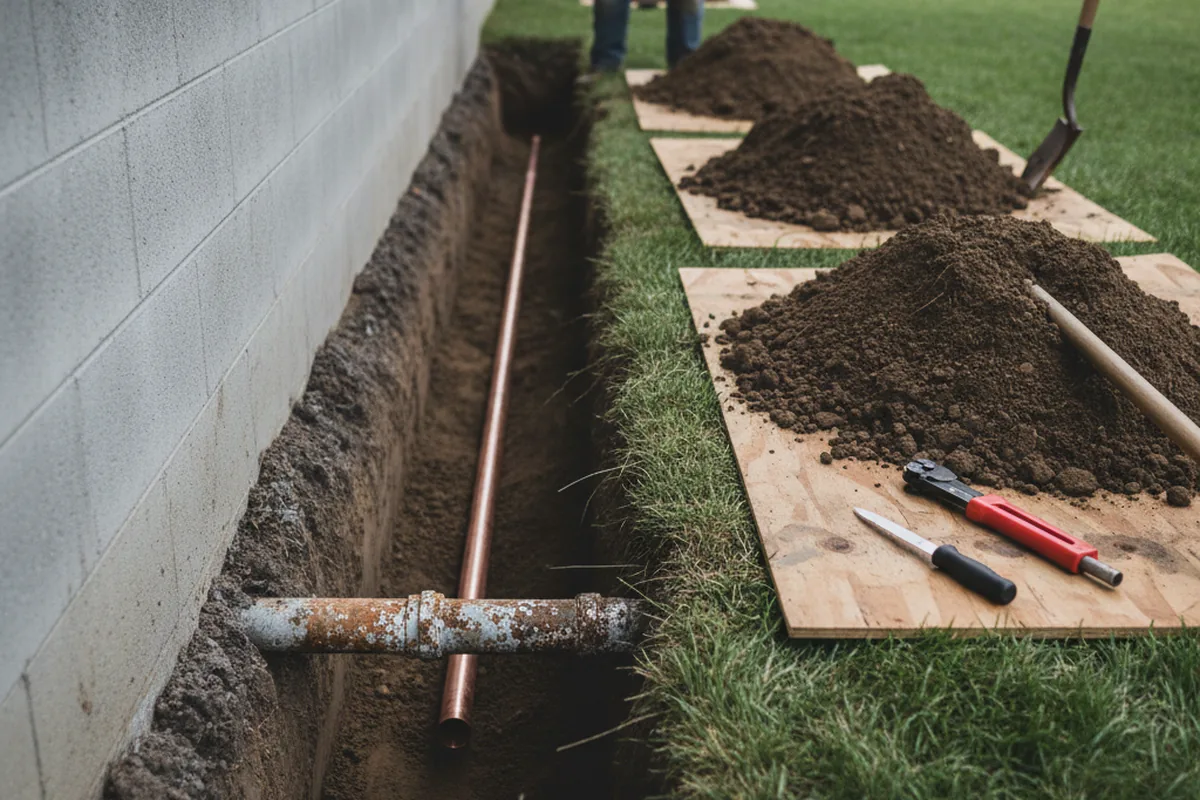 Excavated water line trench during Sewer Line Repair in Otisco